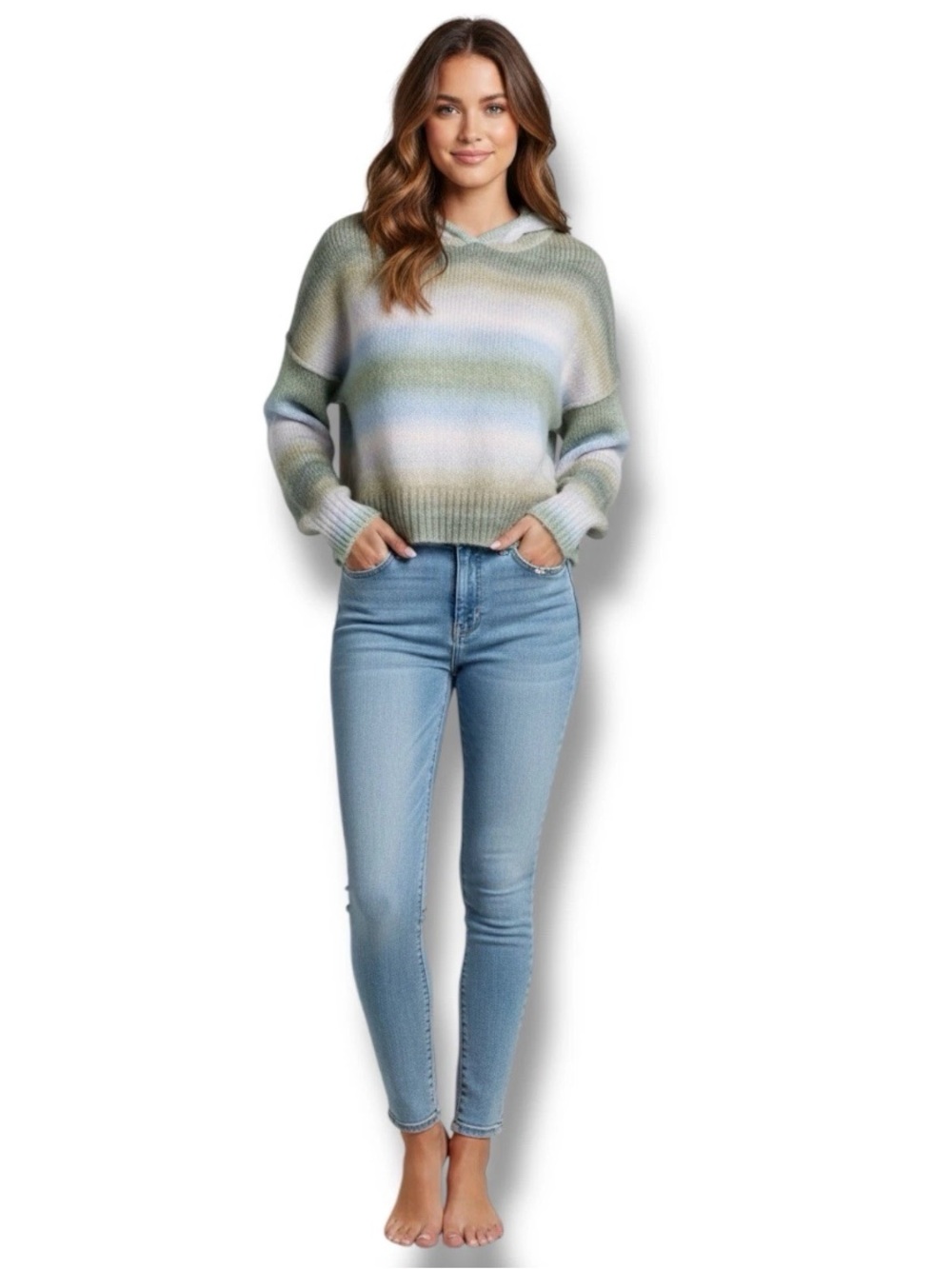 Ultra Flirt Ombre Striped Fuzzy Knit Hoodie Sweater Junior’s M Pastel Boho NWT